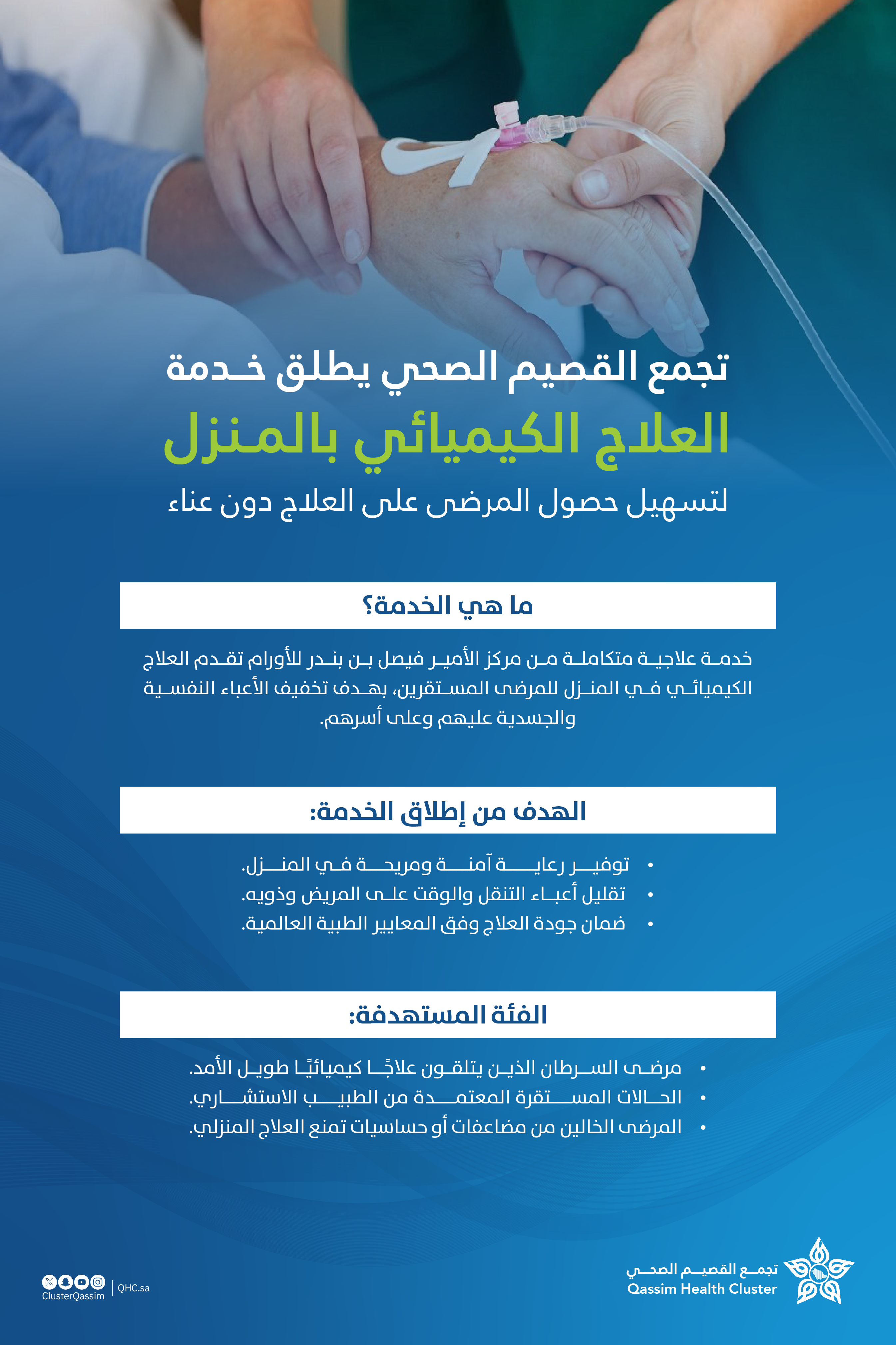 تجمع القصيم الصحي يطلق خدمة العلاج الكيميائي بالمنزل لمرضى الأورام